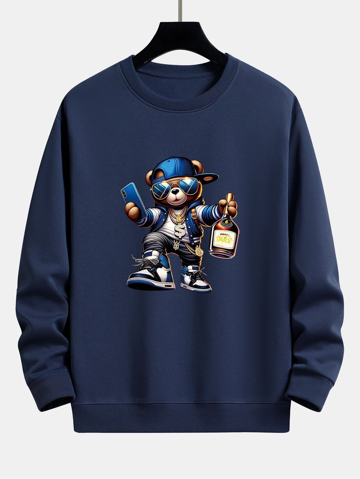 Herren Hip-Hop Teddy Grafik Sweatshirt – Relaxed Fit Streetwear - Marineblau