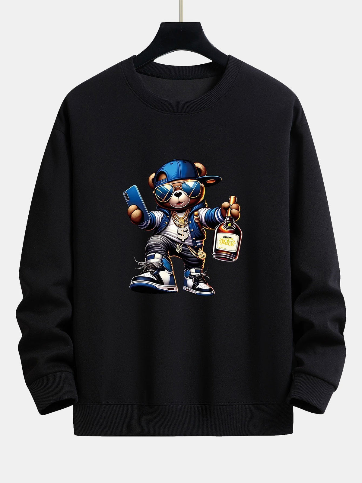 Herren Hip-Hop Teddy Grafik Sweatshirt – Relaxed Fit Streetwear - Schwarz