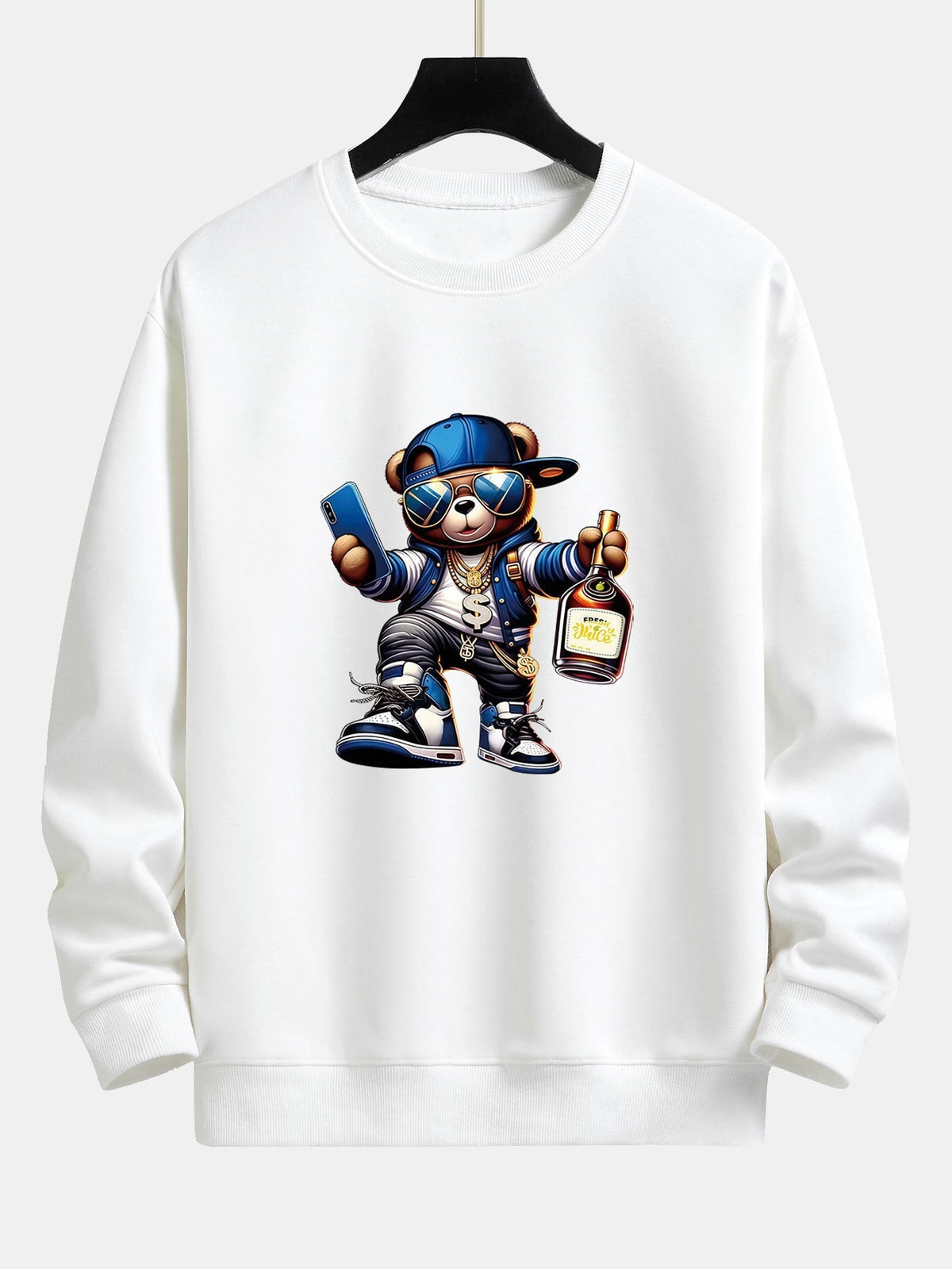 Herren Hip-Hop Teddy Grafik Sweatshirt – Relaxed Fit Streetwear - Weiß