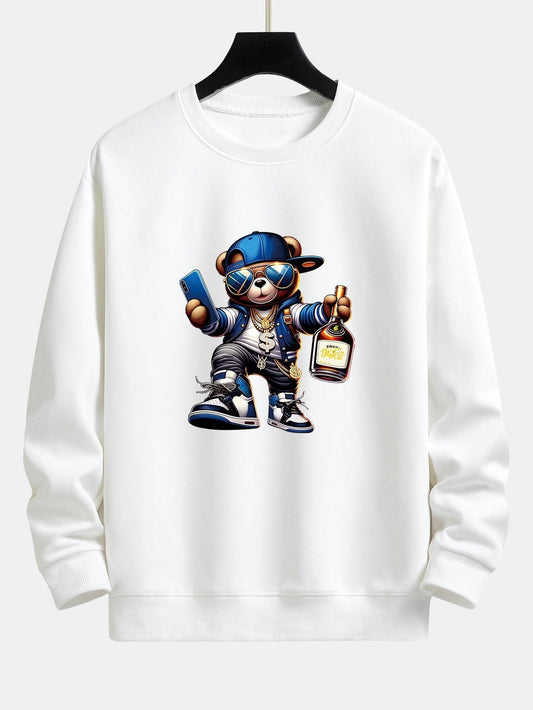 Herren Hip-Hop Teddy Grafik Sweatshirt – Relaxed Fit Streetwear - Weiß