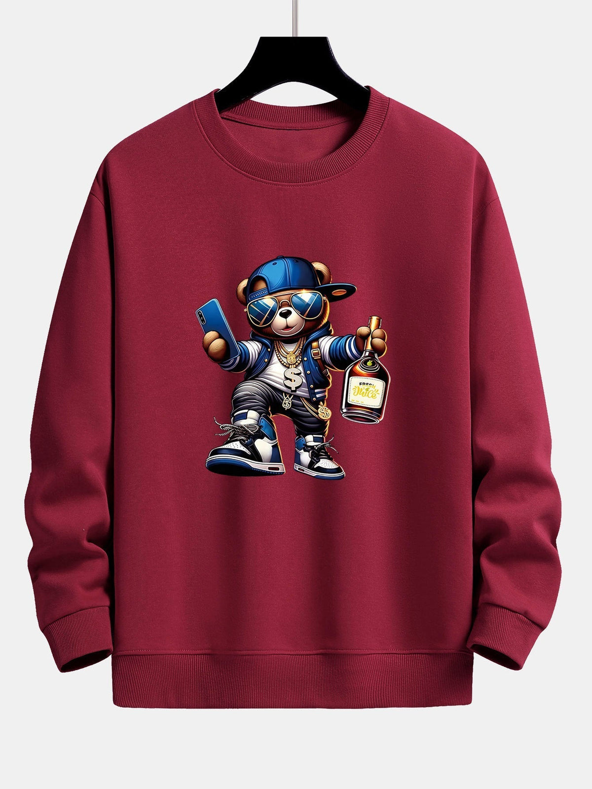Herren Hip-Hop Teddy Grafik Sweatshirt – Relaxed Fit Streetwear - Weinrot