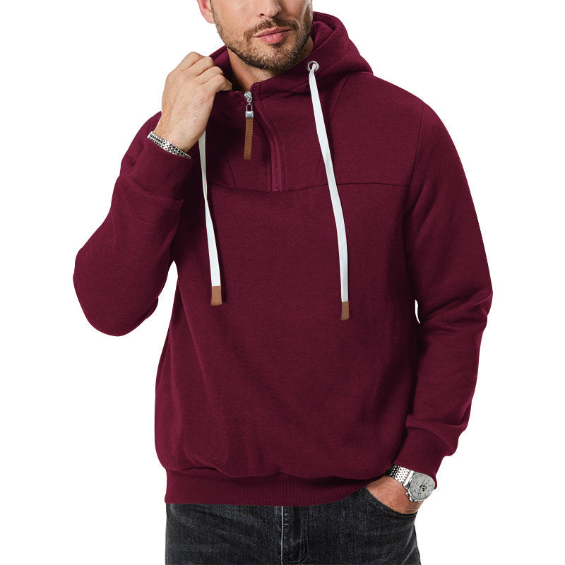 Herren Kapuzen-Pullover mit Halbreißverschluss in burgunderrot, Entspannte Passform