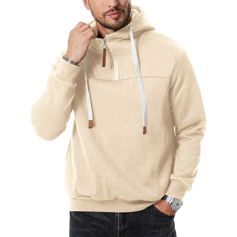 Herren Kapuzen-Pullover mit Halbreißverschluss in khaki, Entspannte Passform