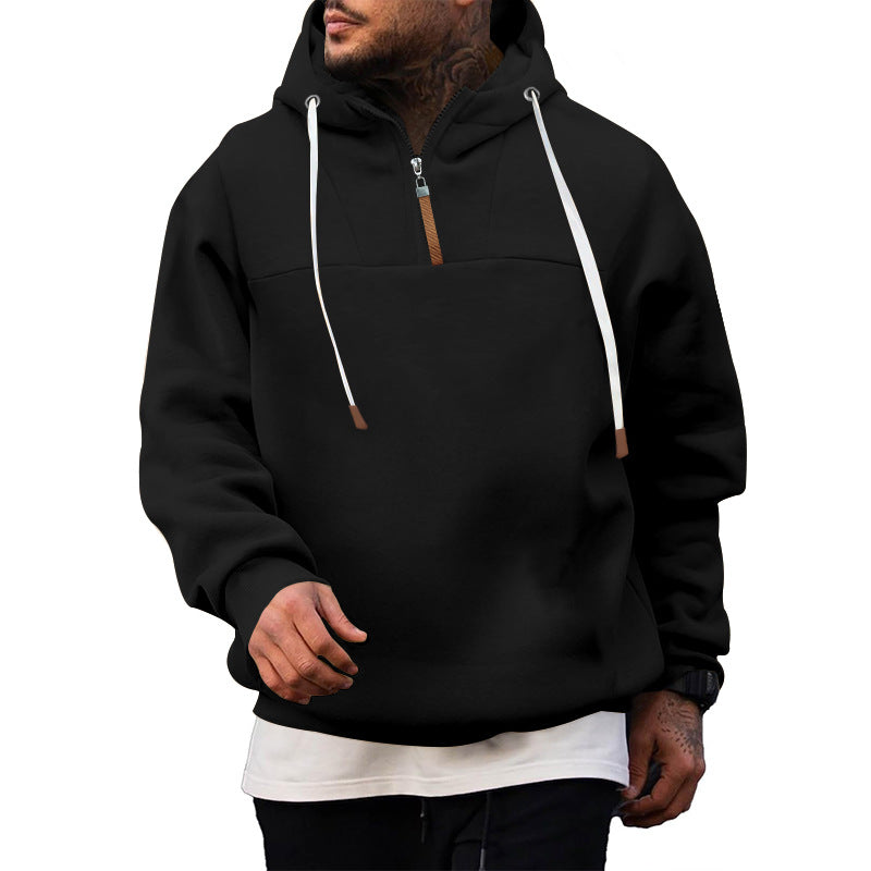 Herren Kapuzen-Pullover mit Halbreißverschluss in schwarz, Entspannte Passform