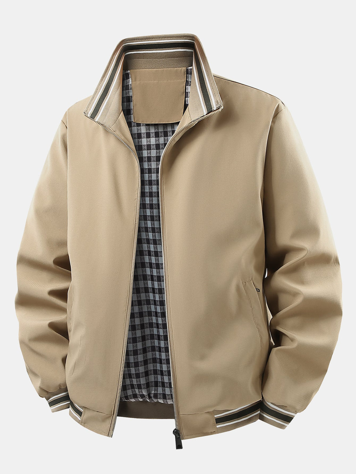 Herren Karierte Jacke mit Stehkragen – Entspannte Passform - Khaki