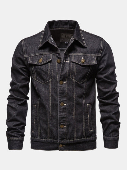 Herren Klassische Washed Denim Trucker Jacke – Regular Fit Baumwolle - Schwarz