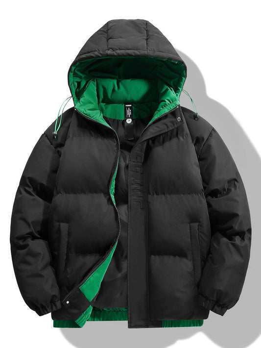 Herren Kontrast Steppjacke mit Kapuze – Warme Winterjacke mit grünem F - Schwarz