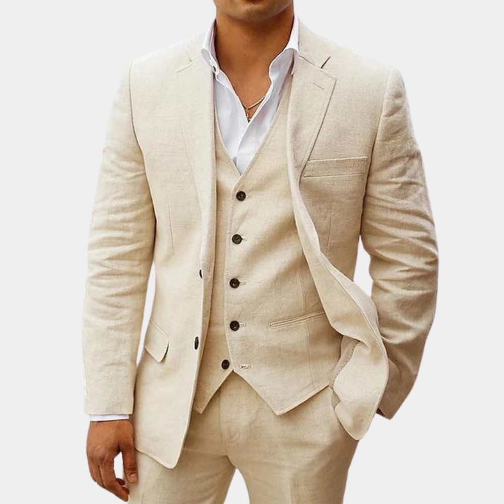 Herren Leinen Anzug in beige, 3-teilig, klassisch & atmungsaktiv