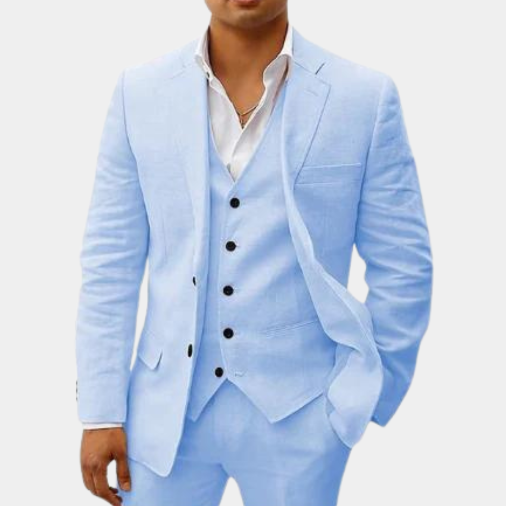 Herren Leinen Anzug in blau, 3-teilig, klassisch & atmungsaktiv