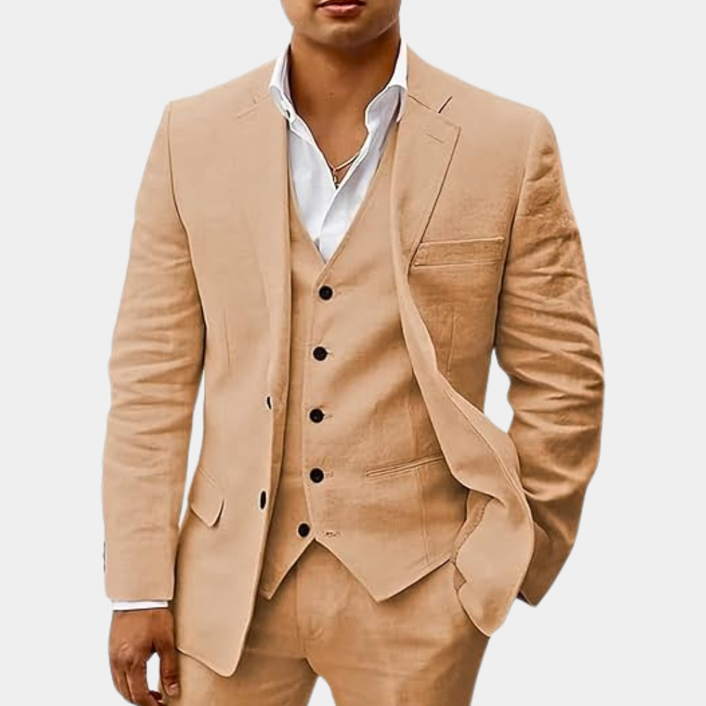 Herren Leinen Anzug in khaki, 3-teilig, klassisch & atmungsaktiv