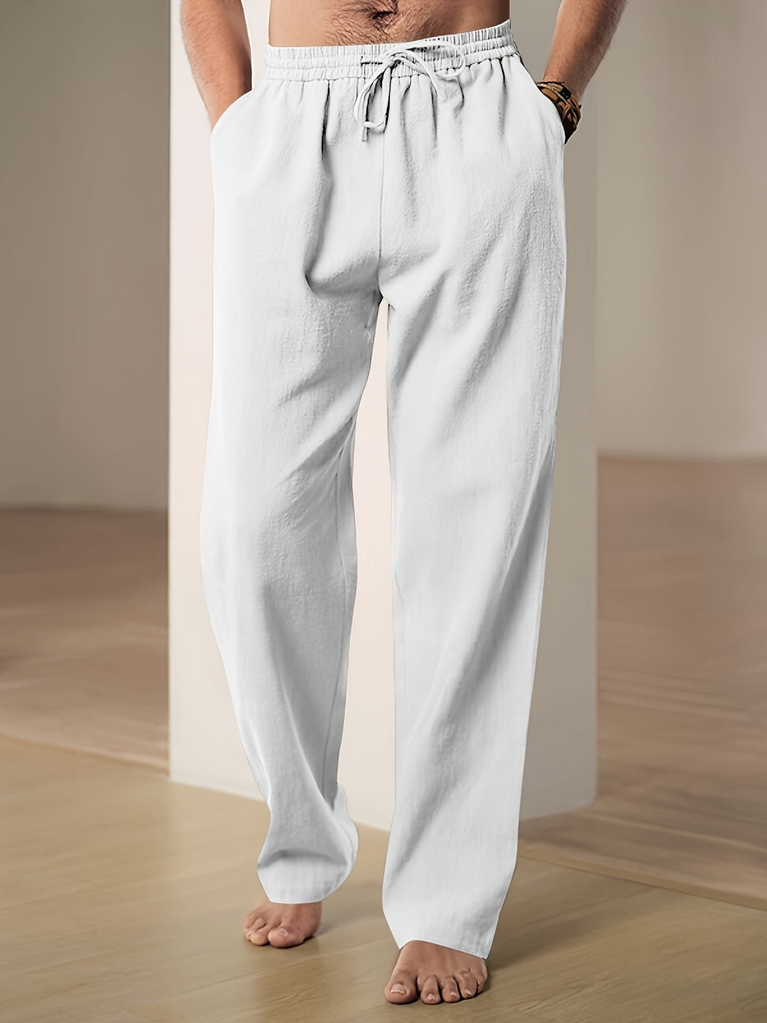 Herren Leinenhose mit Kordelzug am Bund - weiß