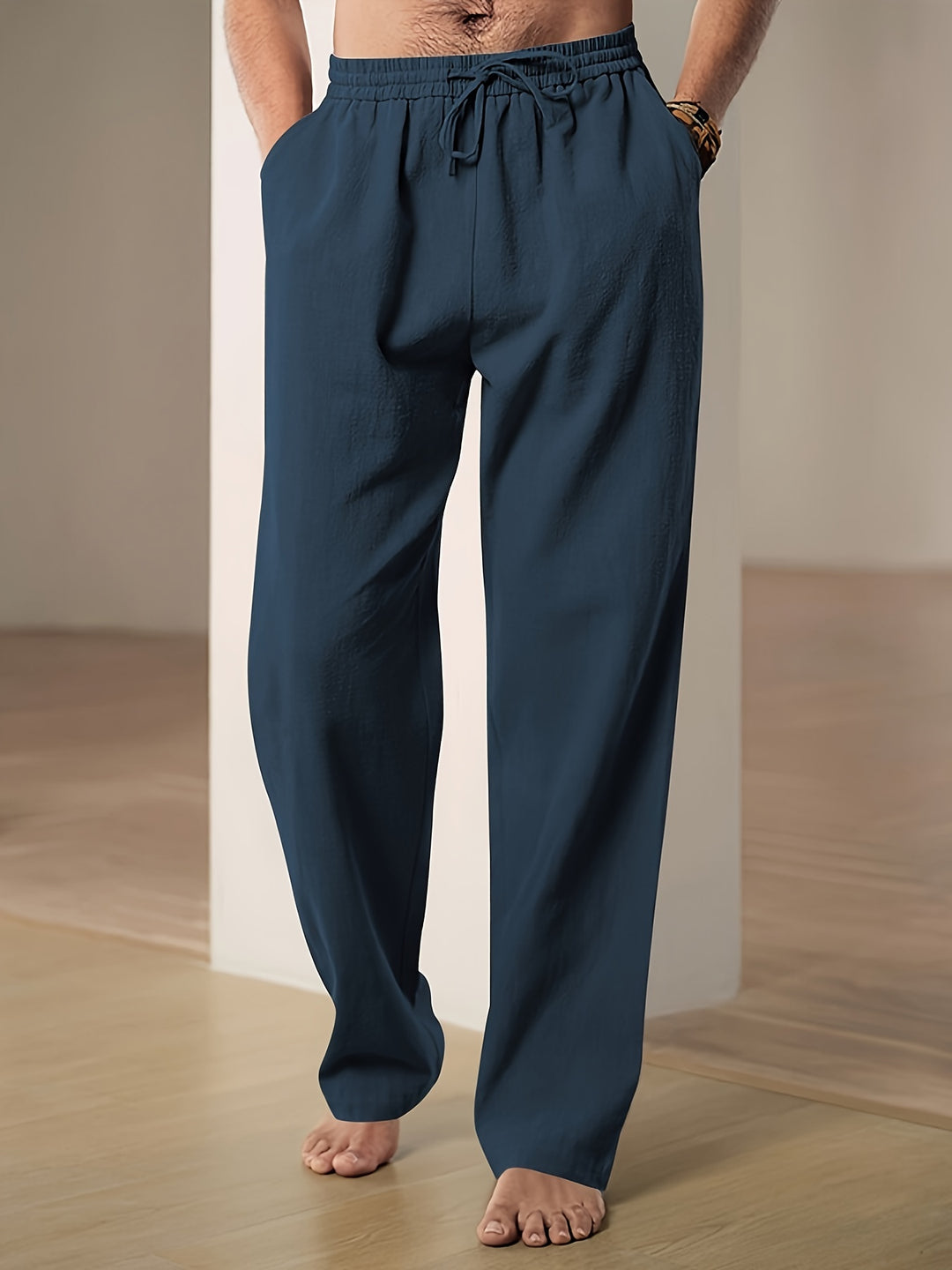 Herren Leinenhose mit Kordelzug am Bund - marine-blau