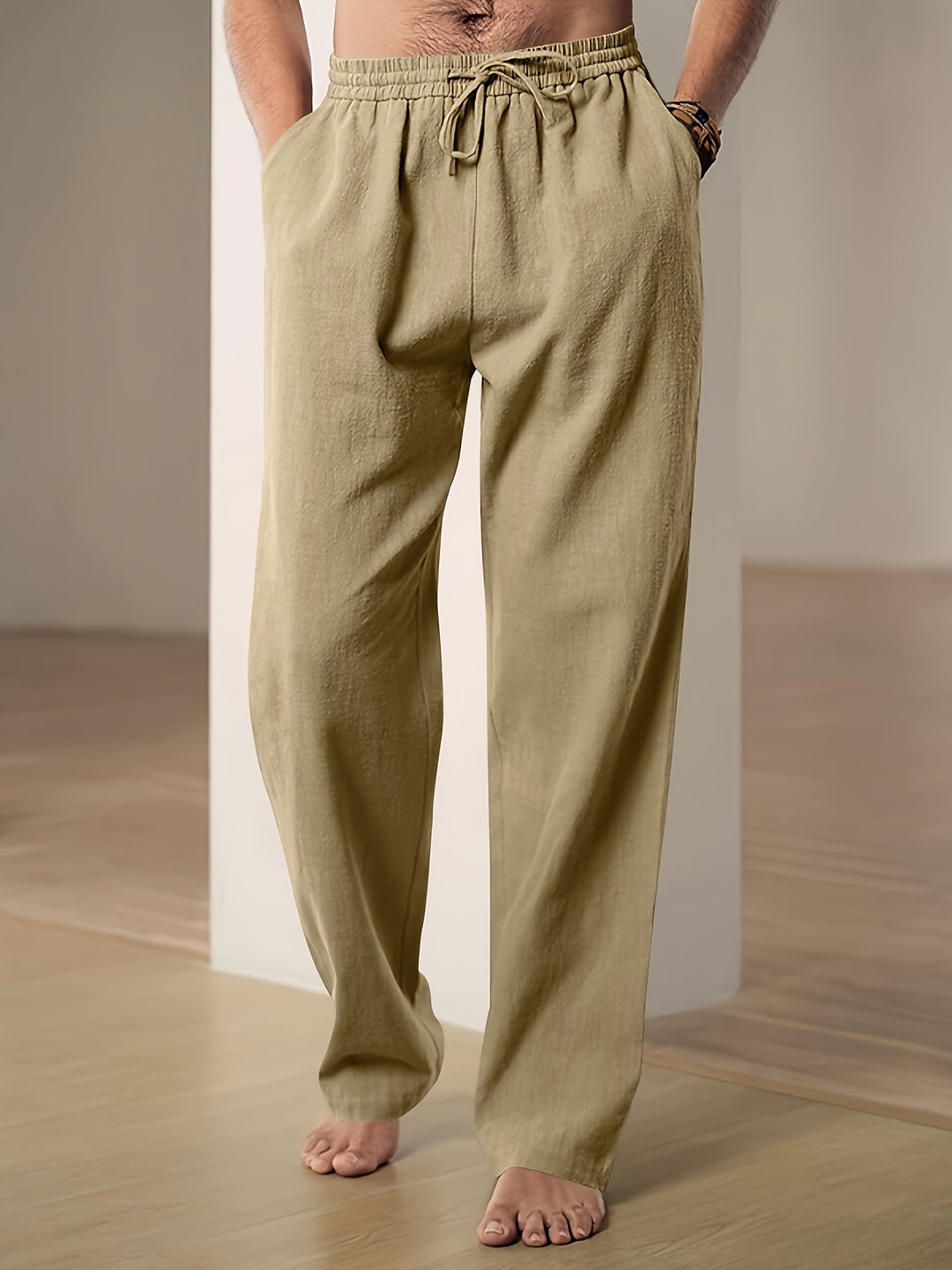 Herren Leinenhose mit Kordelzug am Bund - khaki
