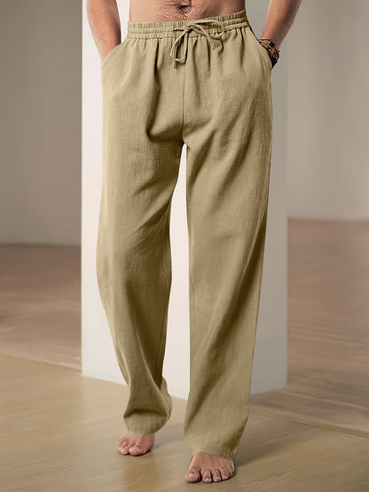 Herren Leinenhose mit Kordelzug am Bund - khaki