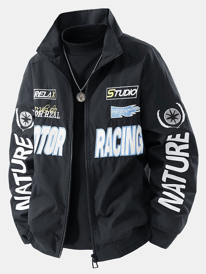 Herren Motorsport Racing Bomberjacke in schwarz, Relaxed Fit Streetwear