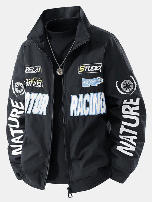 Herren Motorsport Racing Bomberjacke in schwarz, Relaxed Fit Streetwear