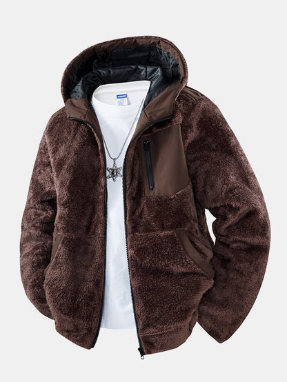 Herren Plüsch Fleece Kapuzenjacke mit Reißverschluss in dunkelbraun, Entspannte Pass