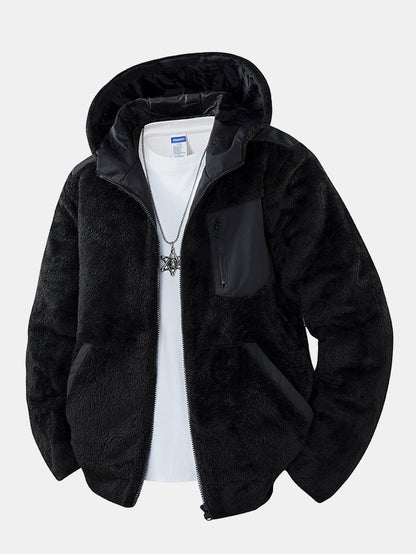 Herren Plüsch Fleece Kapuzenjacke mit Reißverschluss in schwarz, Entspannte Pass