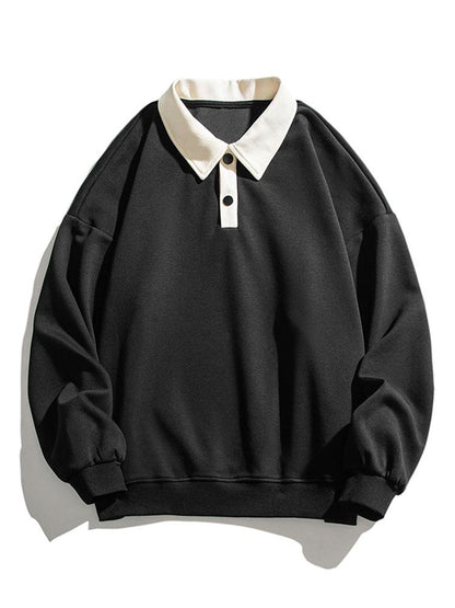 Herren Polo-Kragen Sweatshirt – Entspannte Passform Baumwollmischung - Schwarz