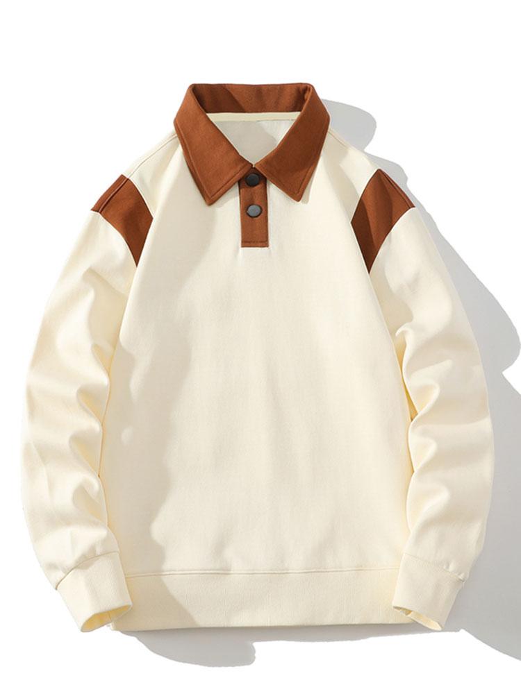 Herren Polo Kragen Sweatshirt – Relaxed Fit mit Farbblock-Schultern - Beige