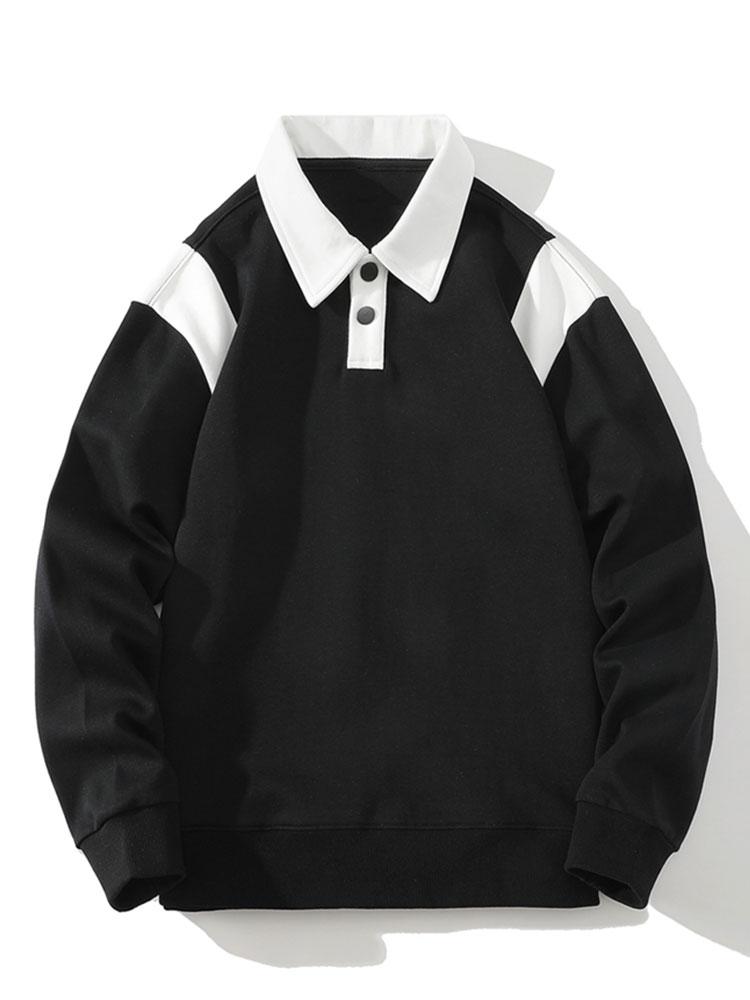 Herren Polo Kragen Sweatshirt – Relaxed Fit mit Farbblock-Schultern - Schwarz