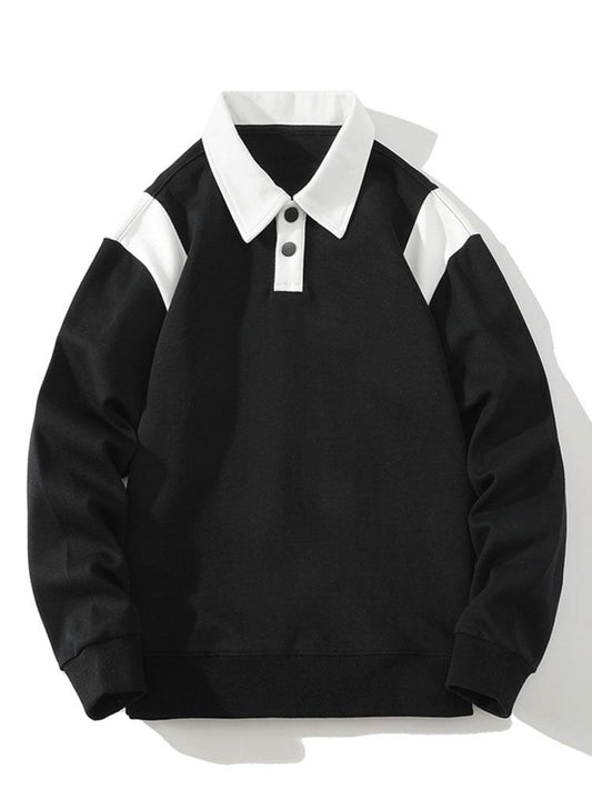 Herren Polo Kragen Sweatshirt – Relaxed Fit mit Farbblock-Schultern - Schwarz