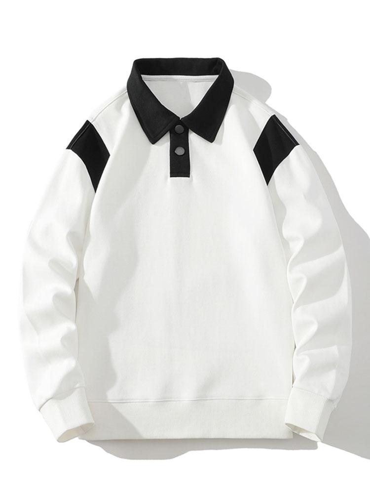 Herren Polo Kragen Sweatshirt – Relaxed Fit mit Farbblock-Schultern - Weiß