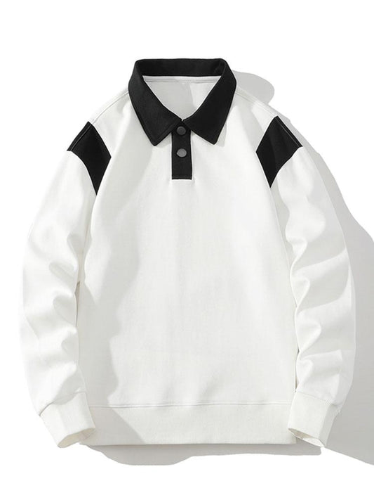 Herren Polo Kragen Sweatshirt – Relaxed Fit mit Farbblock-Schultern - Weiß