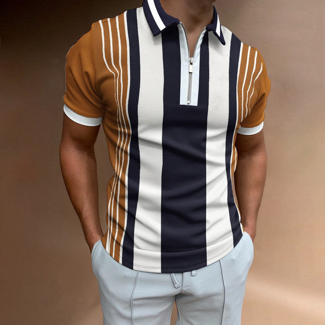Herren Polo mit Retro-Reißverschluss - braun-blau