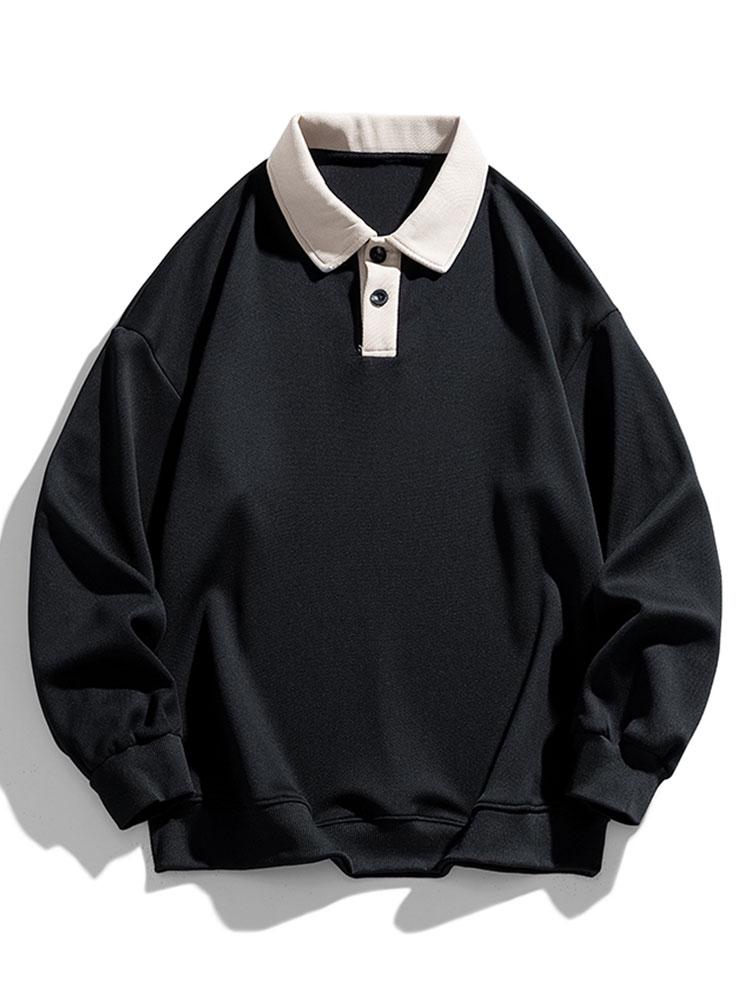 Herren Polokragen Sweatshirt mit Knopfleiste – Entspannte Passform - Schwarz