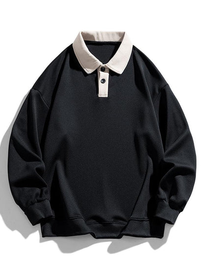 Herren Polokragen Sweatshirt mit Knopfleiste – Entspannte Passform - Schwarz