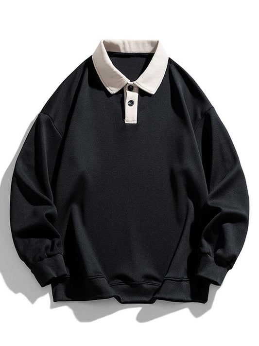 Herren Polokragen Sweatshirt mit Knopfleiste – Entspannte Passform - Schwarz
