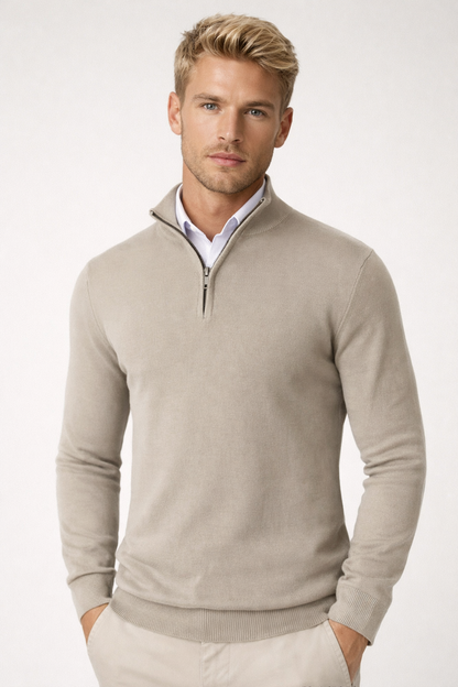 Herren Pullover mit Halbreißverschluss in beige, Klassischer Stehkragen