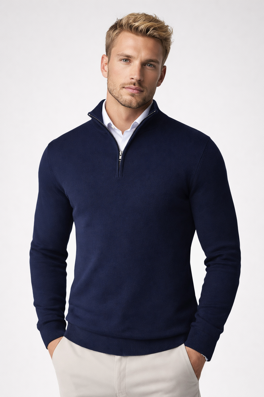 Herren Pullover mit Halbreißverschluss in blau, Klassischer Stehkragen