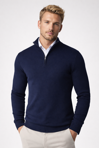 Herren Pullover mit Halbreißverschluss in blau, Klassischer Stehkragen