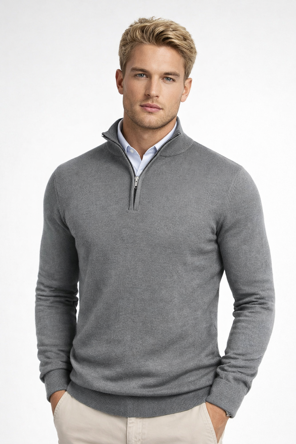 Herren Pullover mit Halbreißverschluss in grau, Klassischer Stehkragen
