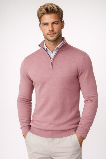 Herren Pullover mit Halbreißverschluss in rosa, Klassischer Stehkragen