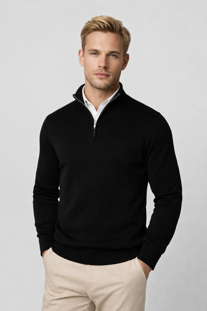 Herren Pullover mit Halbreißverschluss in schwarz, Klassischer Stehkragen