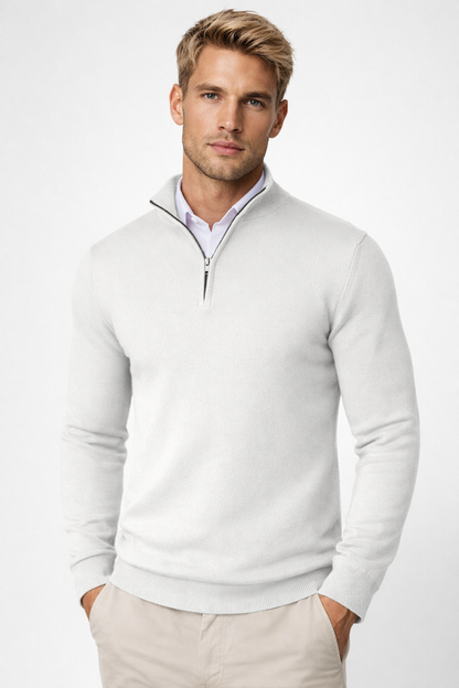 Herren Pullover mit Halbreißverschluss in weiß, Klassischer Stehkragen