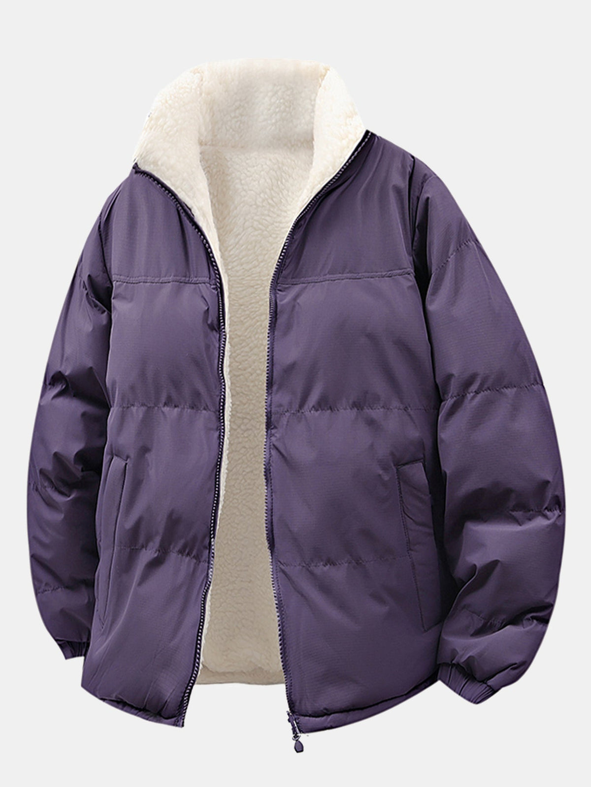 Herren Reversible Teddy Fleece Pufferjacke – Entspannte Passform Winte - Lila