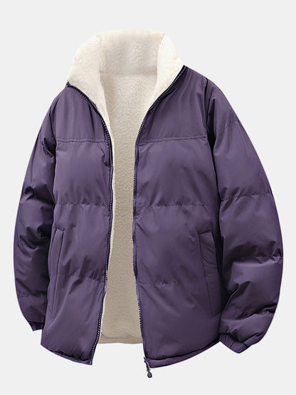 Herren Reversible Teddy Fleece Pufferjacke – Entspannte Passform Winte - Lila