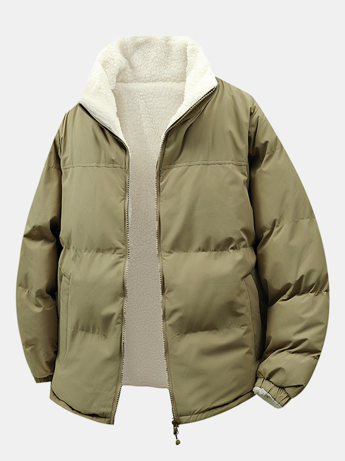Herren Reversible Teddy Fleece Pufferjacke – Entspannte Passform Winte - Olivgrün