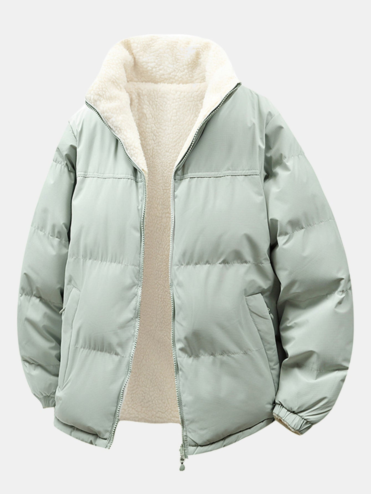 Herren Reversible Teddy Fleece Pufferjacke – Entspannte Passform Winte - Salbeigrün