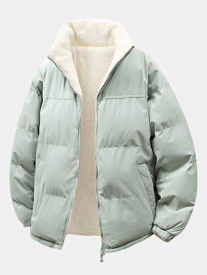 Herren Reversible Teddy Fleece Pufferjacke – Entspannte Passform Winte - Salbeigrün