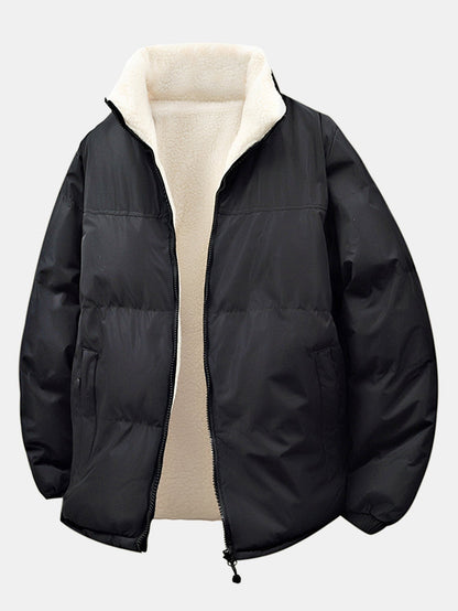 Herren Reversible Teddy Fleece Pufferjacke – Entspannte Passform Winte - Schwarz