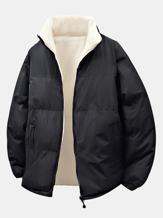 Herren Reversible Teddy Fleece Pufferjacke – Entspannte Passform Winte - Schwarz