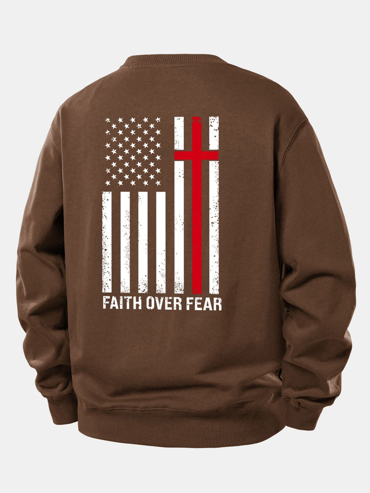Herren Slogan-Sweatshirt Faith Over Fear – Relaxed Fit Rundhals - Braun