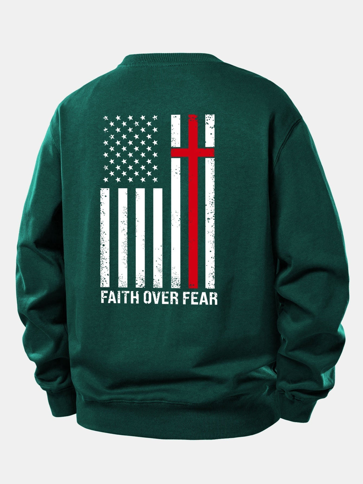 Herren Slogan-Sweatshirt Faith Over Fear – Relaxed Fit Rundhals - Dunkelgrün