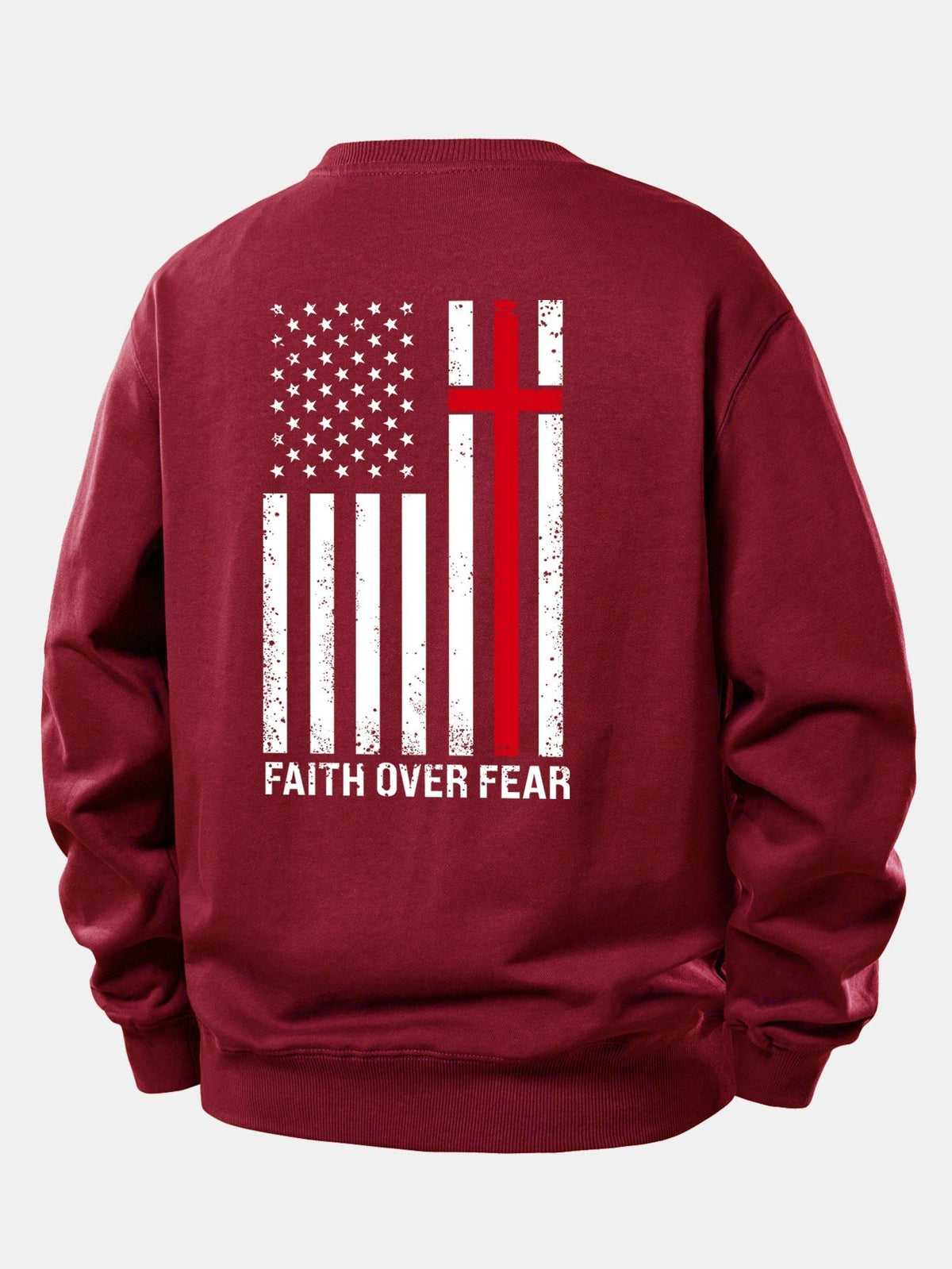 Herren Slogan-Sweatshirt Faith Over Fear – Relaxed Fit Rundhals - Weinrot