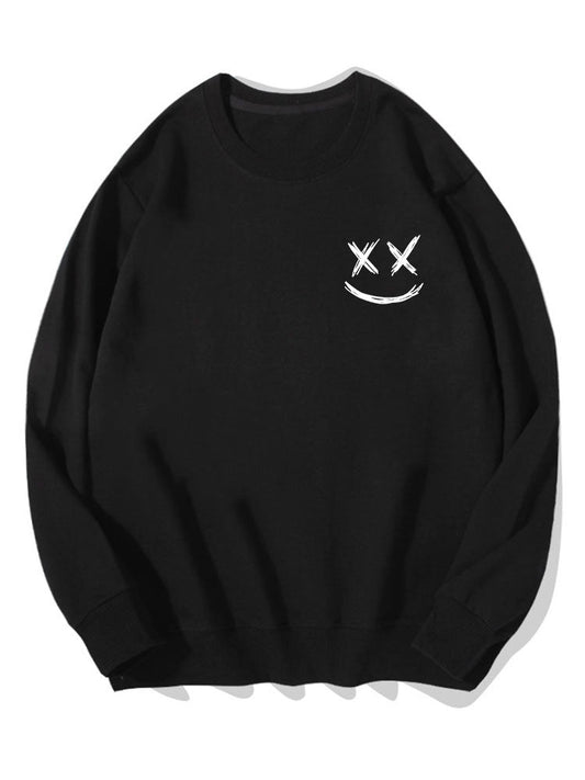 Herren Smiley Print Sweatshirt – Relaxed Fit Crew Neck Streetwear - Schwarz